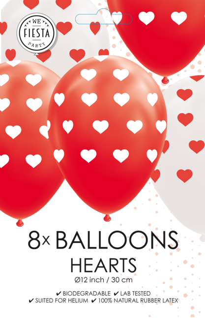 Globos Corazón Rojo Blanco 30.5cm 8pcs