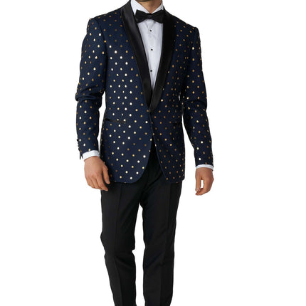 Esmoquin azul oscuro con lunares dorados para hombre OppoSuits