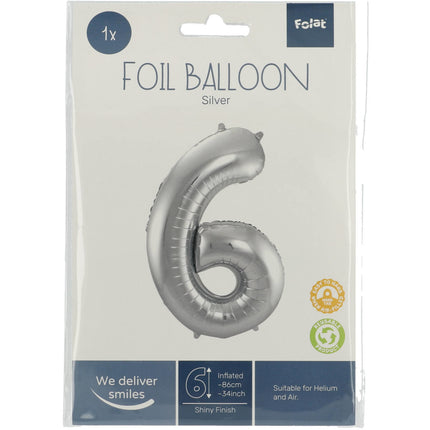 Globo Foil Figura 6 Plateado Metalizado XL 86cm vacío