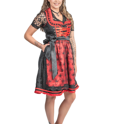 Negro Rojo Dirndl Vestido Oktoberfest Señoras 2 Piezas