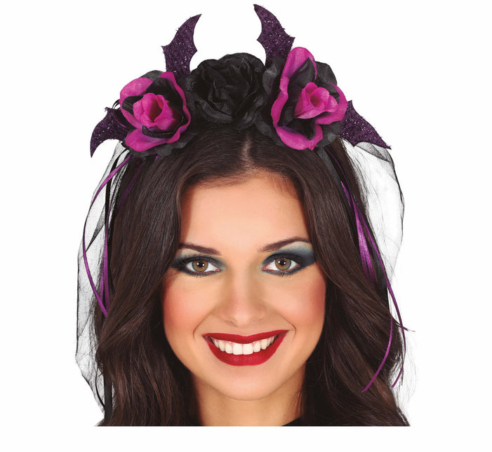 Diadema Halloween Negra Flores Moradas Y Velo