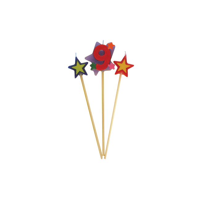 Set de Velas 9 Años Estrellas 26cm 3pcs