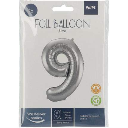 Globo Foil Figura 9 Plata Metalizado XL 86cm vacío