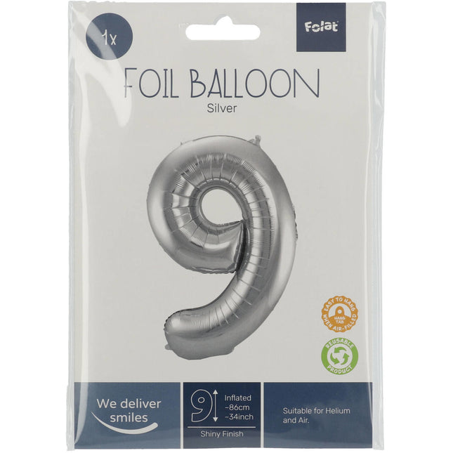 Globo Foil Figura 9 Plata Metalizado XL 86cm vacío