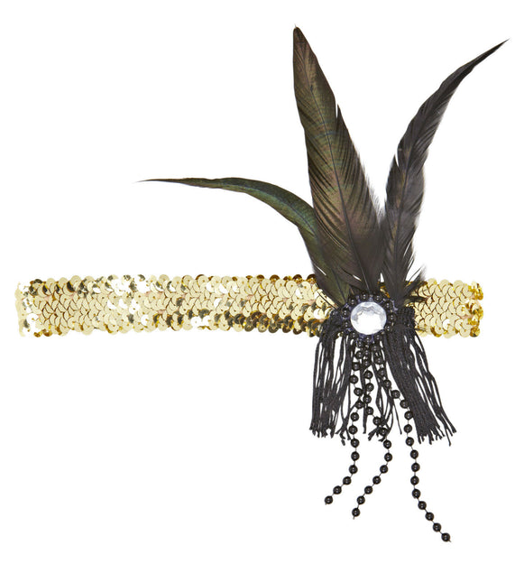 Diadema Oro Lentejuelas Con Plumas