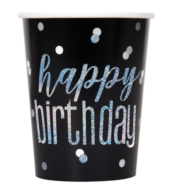 Tazas Feliz Cumpleaños Purpurina Negra 266ml 8pcs