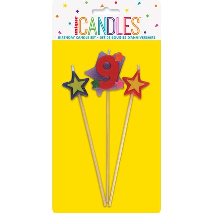 Set de Velas 9 Años Estrellas 26cm 3pcs