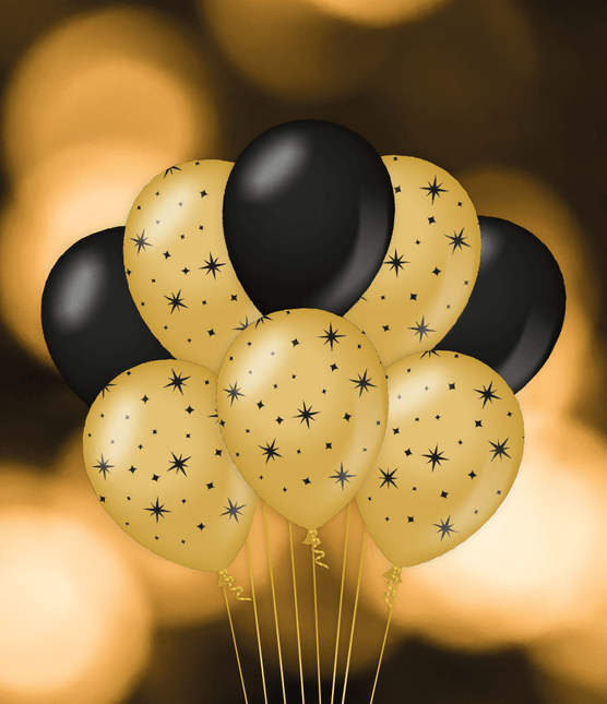 Globos Oro Negro Estrellas 30cm 6pcs