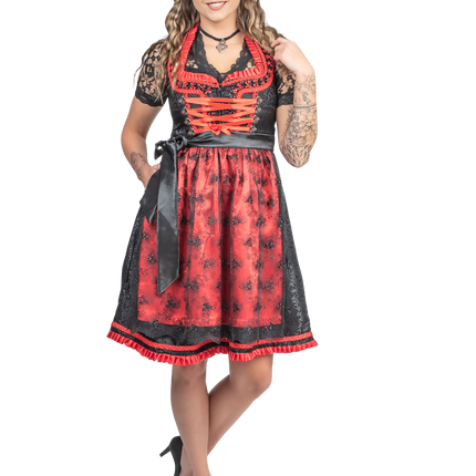 Negro Rojo Dirndl Vestido Oktoberfest Señoras 2 Piezas