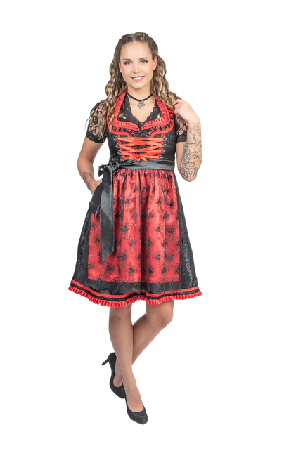 Negro Rojo Dirndl Vestido Oktoberfest Señoras 2 Piezas