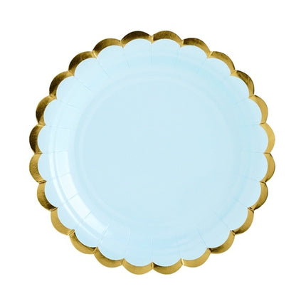 Platos Azul Claro Cartón Oro 18cm 6pcs