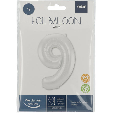 Globo Foil Figura 9 Blanco Mate XL 86cm vacío