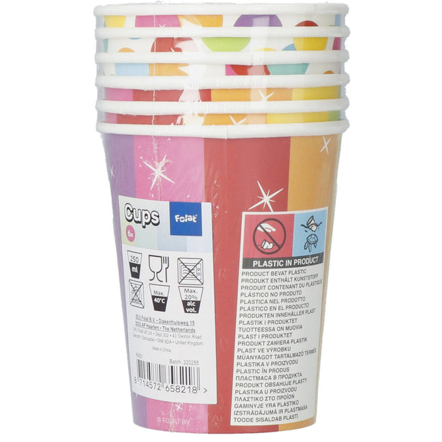 Vasos Feliz Cumpleaños Confeti Arcoiris 250ml 6uds.