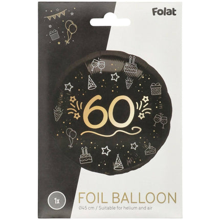 60 Años Globo de Helio Negro Oro Vacío 45cm