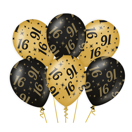 Globos 16 Años Oro Negro 30cm 6pcs