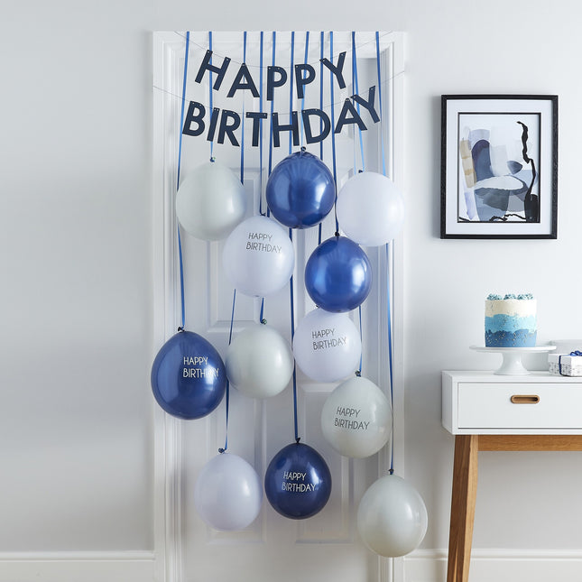 Cortina de Puerta Azul Feliz Cumpleaños con Globos