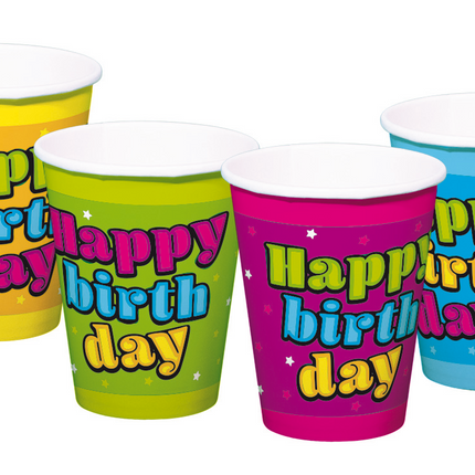 Vasos Feliz Cumpleaños de Colores 250ml 8uds.