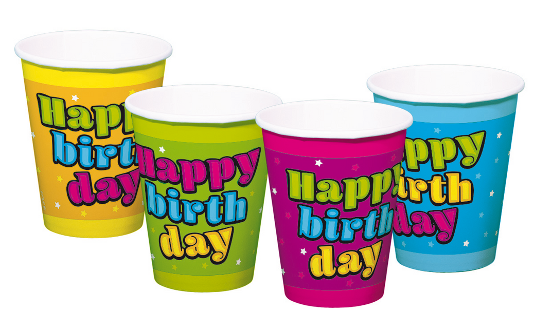 Vasos Feliz Cumpleaños de Colores 250ml 8uds.