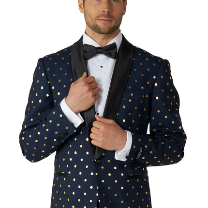 Esmoquin azul oscuro con lunares dorados para hombre OppoSuits