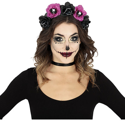 Diadema Halloween Flores Negro Morado