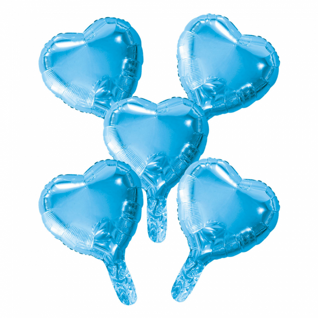 5 Globos de foil corazón con pajita de papel 9" azul bebé