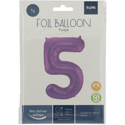 Globo Foil Figura 5 Morado Mate XL 86cm vacío