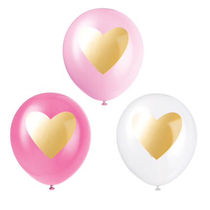 Globos Rosa Con Corazón Dorado 30cm 6pcs