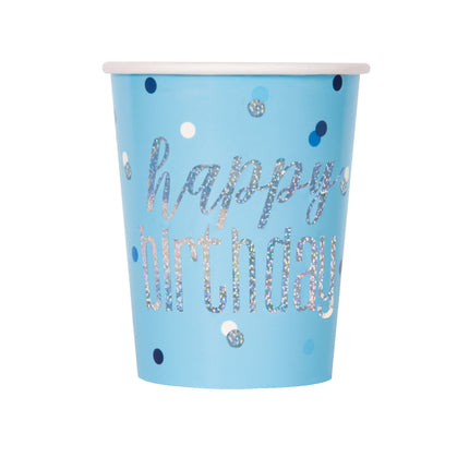 Vasos Feliz Cumpleaños Azul Purpurina 266ml 8uds.