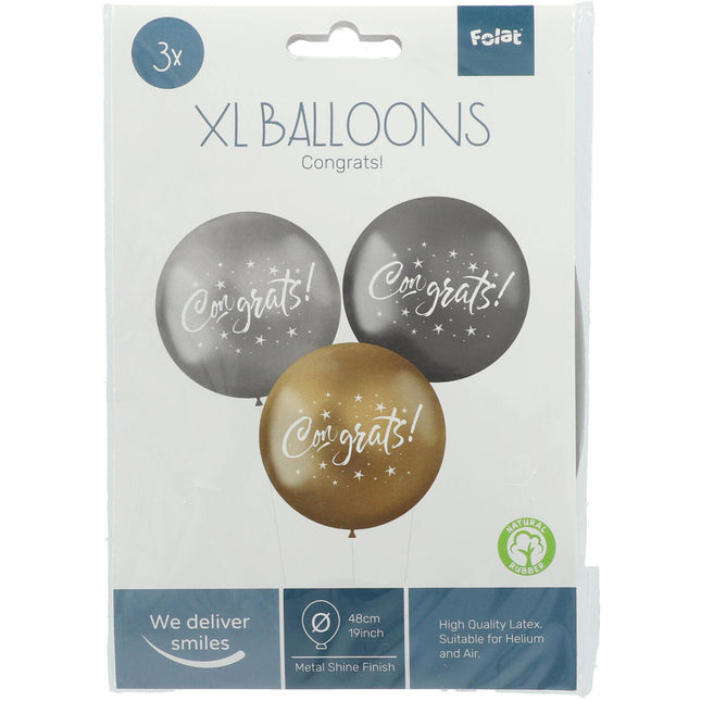 Globos Felicidades Negro Plata Oro 48cm 3pcs