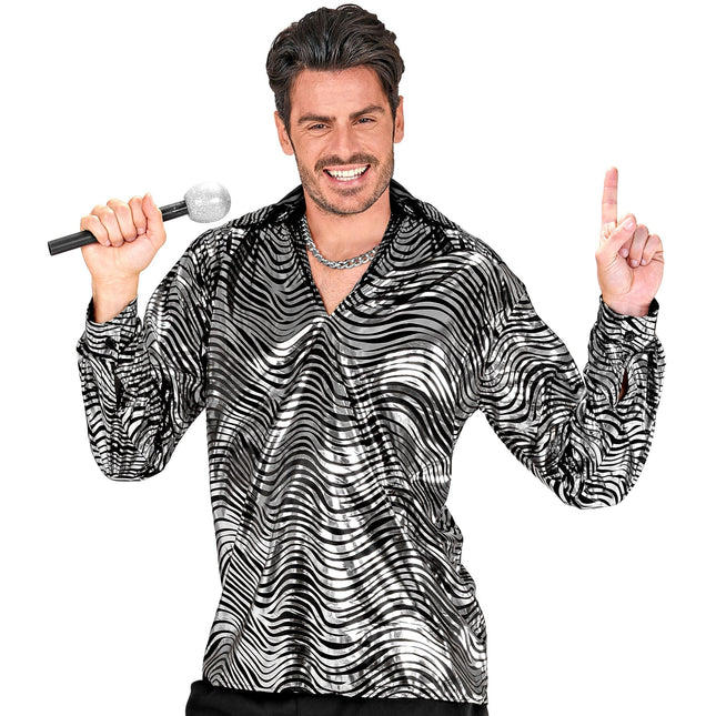 Camisa Disco 70S Estampado Tigre Plata Hombre