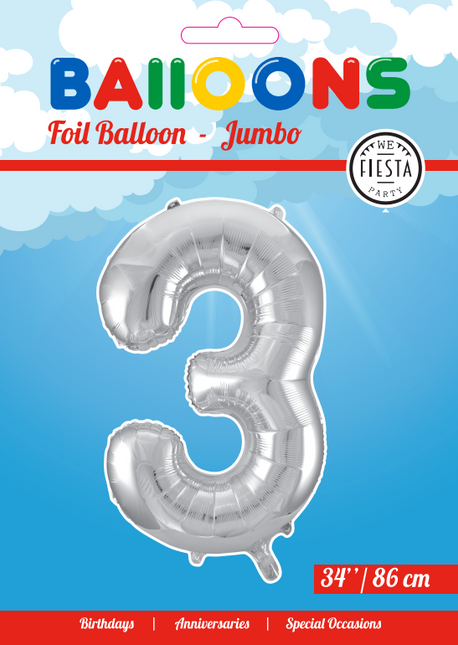 Globo Foil Figura 3 Plata XL 86cm vacío