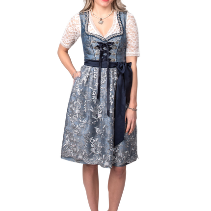 Vestido Dirndl Azul Plata Oktoberfest Señoras 2 Piezas