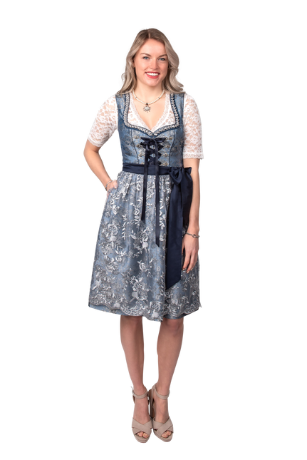 Vestido Dirndl Azul Plata Oktoberfest Señoras 2 Piezas