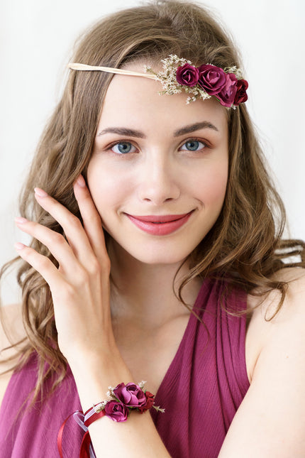 Diadema Floral Rojo Burdeos