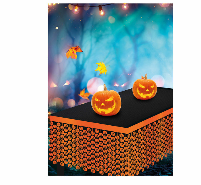 Falda de Mesa Naranja Halloween Calaveras 4m