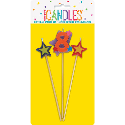 Set de Velas 8 Años Estrellas 26cm 3pcs