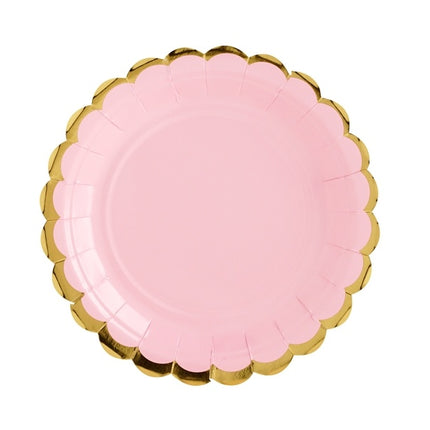 Platos Rosa Claro Cartón Oro 18cm 6pcs