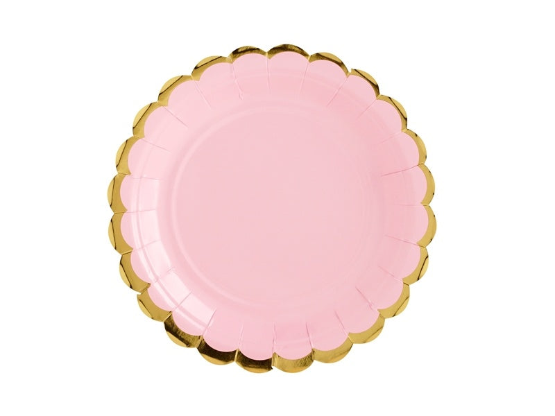 Platos Rosa Claro Cartón Oro 18cm 6pcs