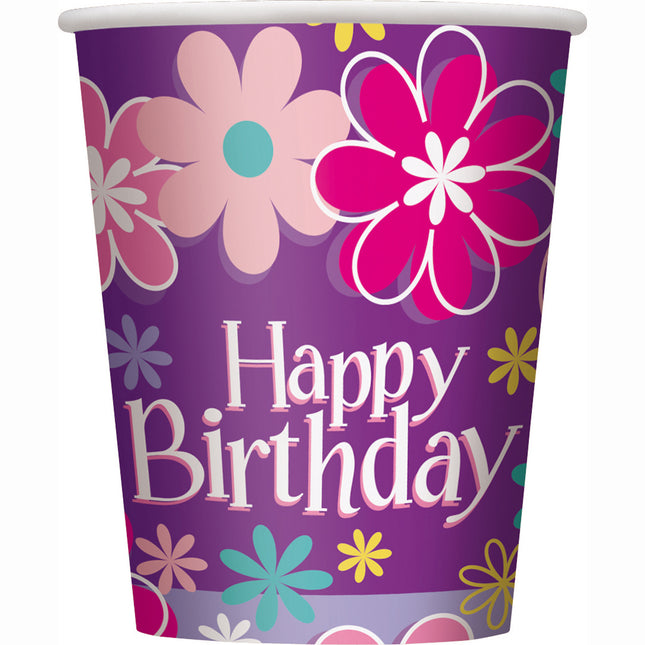 Tazas Feliz Cumpleaños Flores 266ml 8pcs