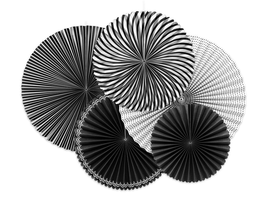Abanicos de Papel Negro Blanco Set 25-40cm 5 piezas