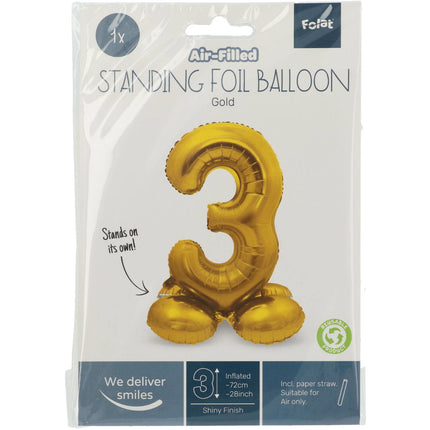 Globo Foil Figura 3 Oro con soporte 72cm