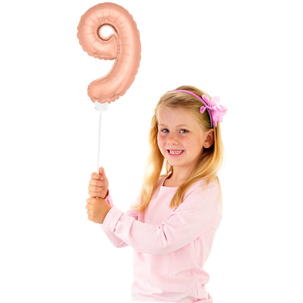 Globo Foil Figura 9 Oro Rosa 36cm con palo