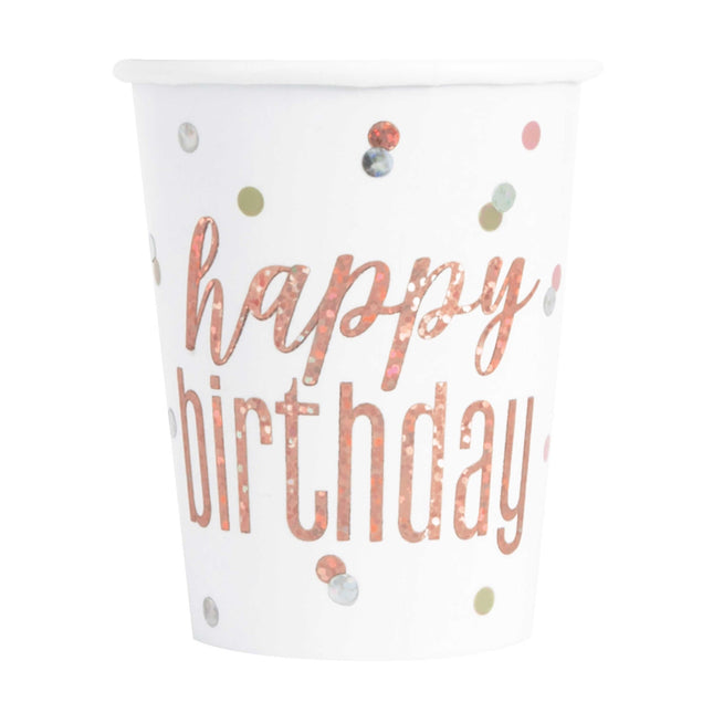 Tazas Feliz Cumpleaños Purpurina Blanca 266ml 8pcs