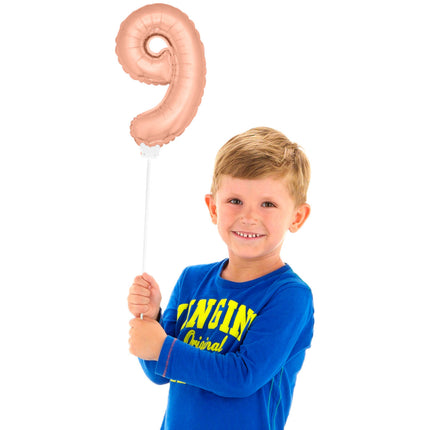 Globo Foil Figura 9 Oro Rosa 36cm con palo