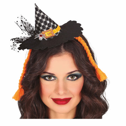 Diadema de Halloween Mini Sombrero de Bruja Trenzas Naranja