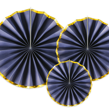 Abanicos de Papel Azul Oscuro Dorado Set 23-40cm 3 piezas