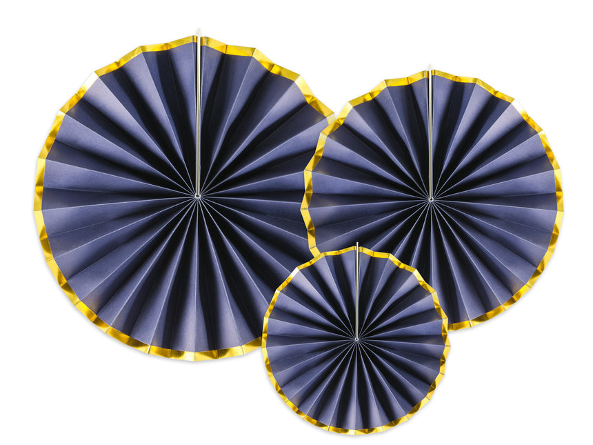 Abanicos de Papel Azul Oscuro Dorado Set 23-40cm 3 piezas