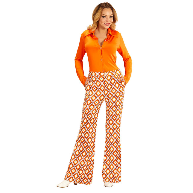 Pantalones Disco 70S Naranja Plaid Señoras