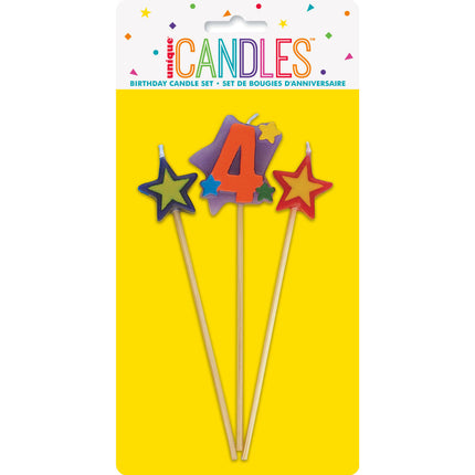 Set de Velas 4 Años Estrellas 26cm 3pcs