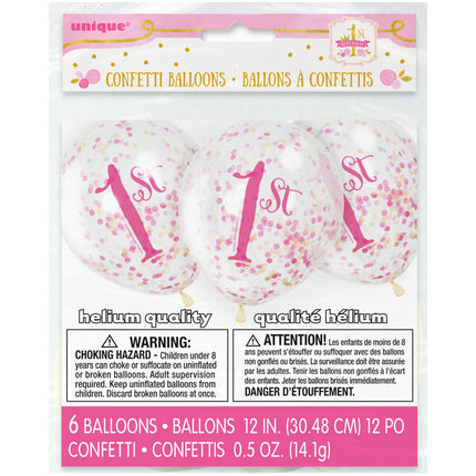 Globos Confeti 1 Año Rosa 30cm 6pcs